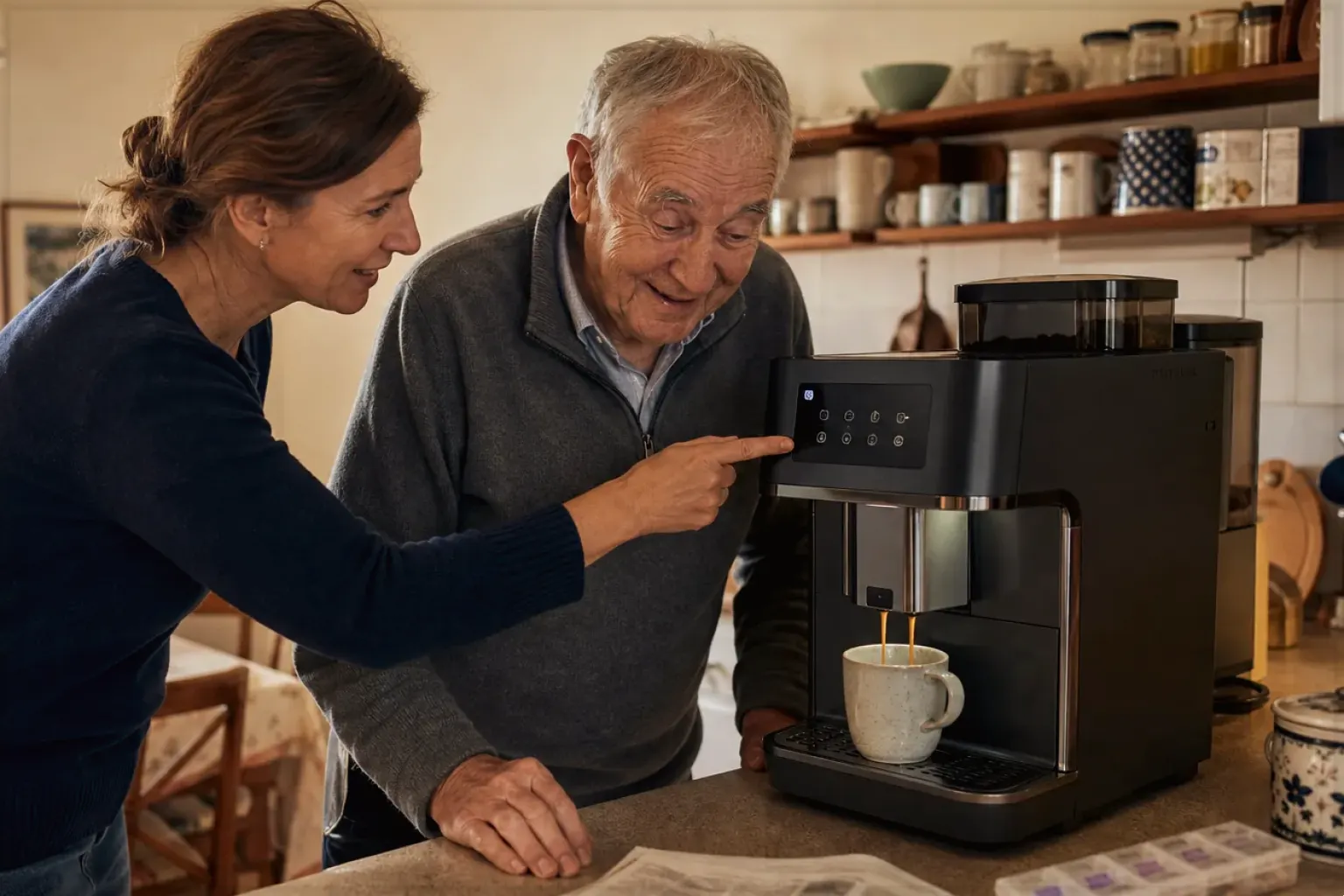 Eine erwachsene Tochter erklärt ihrem Vater verständlich die Bedienung eines Kaffeevollautomaten.