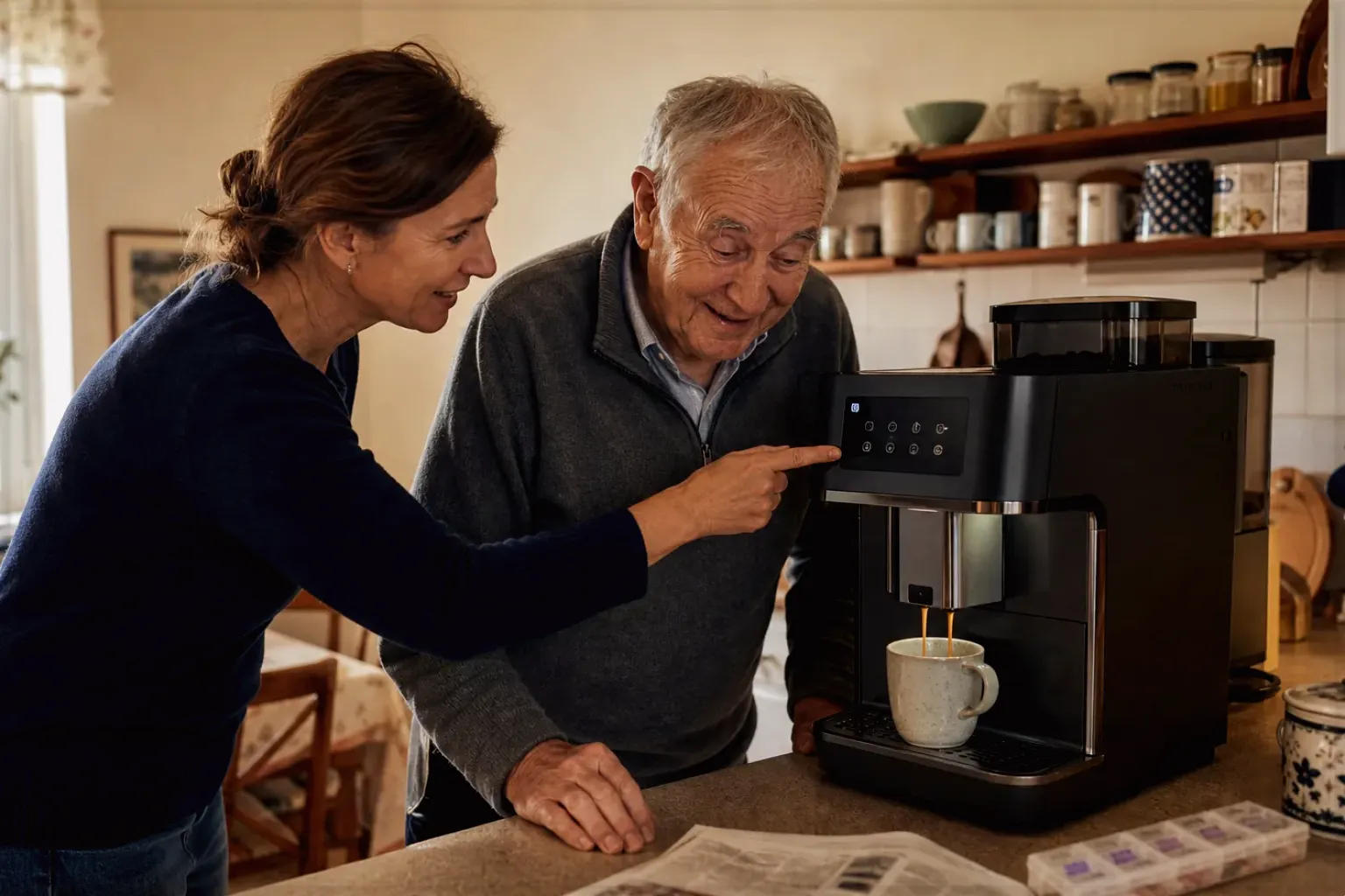 Eine erwachsene Tochter erklärt ihrem Vater verständlich die Bedienung eines Kaffeevollautomaten.