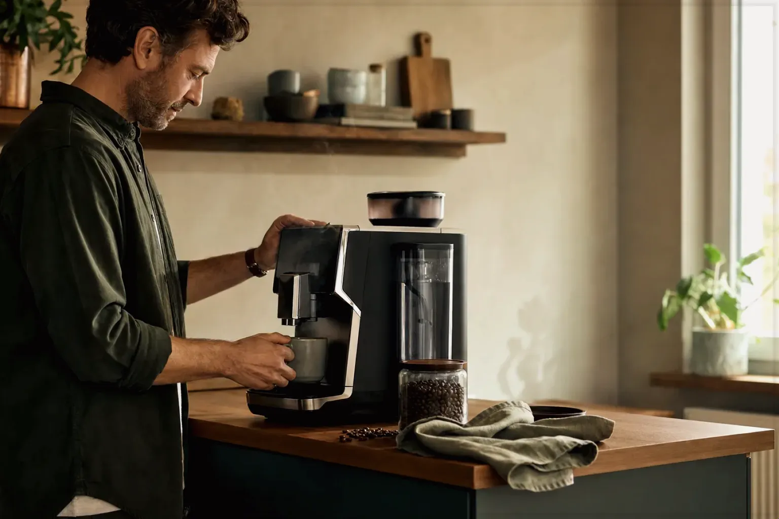 Ein Mann bereitet morgens Kaffee an einem Vollautomaten in seiner Küche zu – gezeigt für Thermobecher im Themenvergleich.