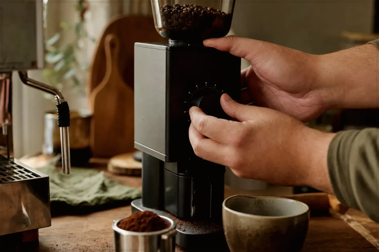 Zwei Hände stellen den Mahlgrad an einer Kaffeemühle neben einer Espressomaschine ein – gezeigt für Thermobecher im Themenvergleich.