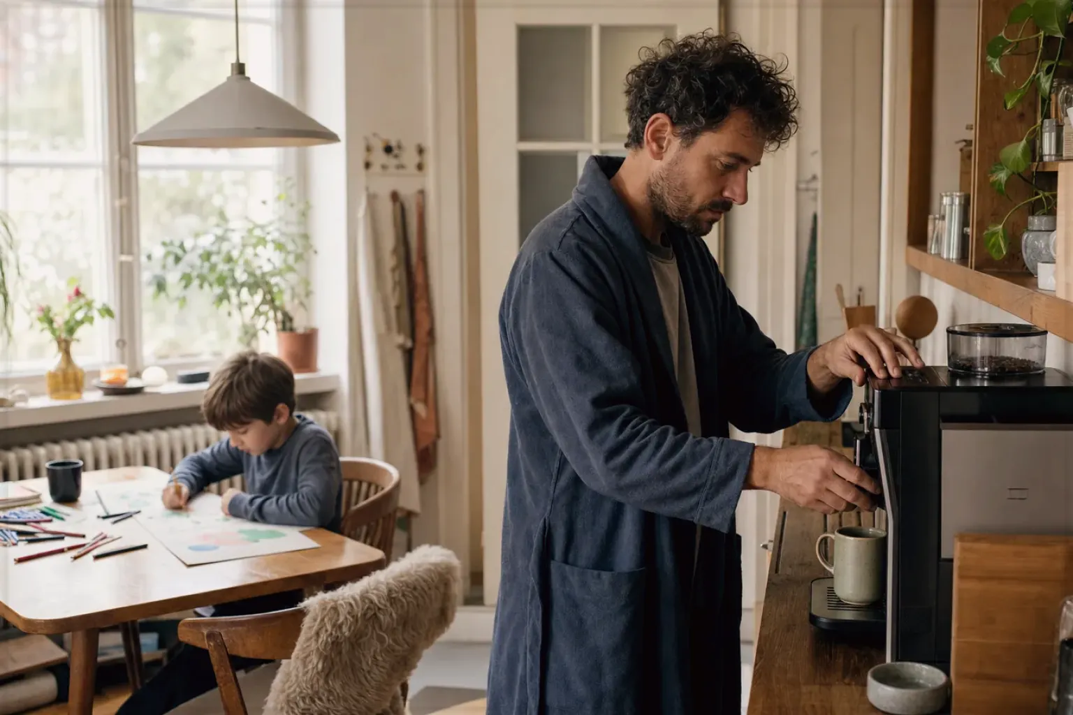 Ein Vater bereitet morgens Kaffee am Vollautomaten zu, während sein Kind am Küchentisch malt – gezeigt für Thermobecher im Themenvergleich.