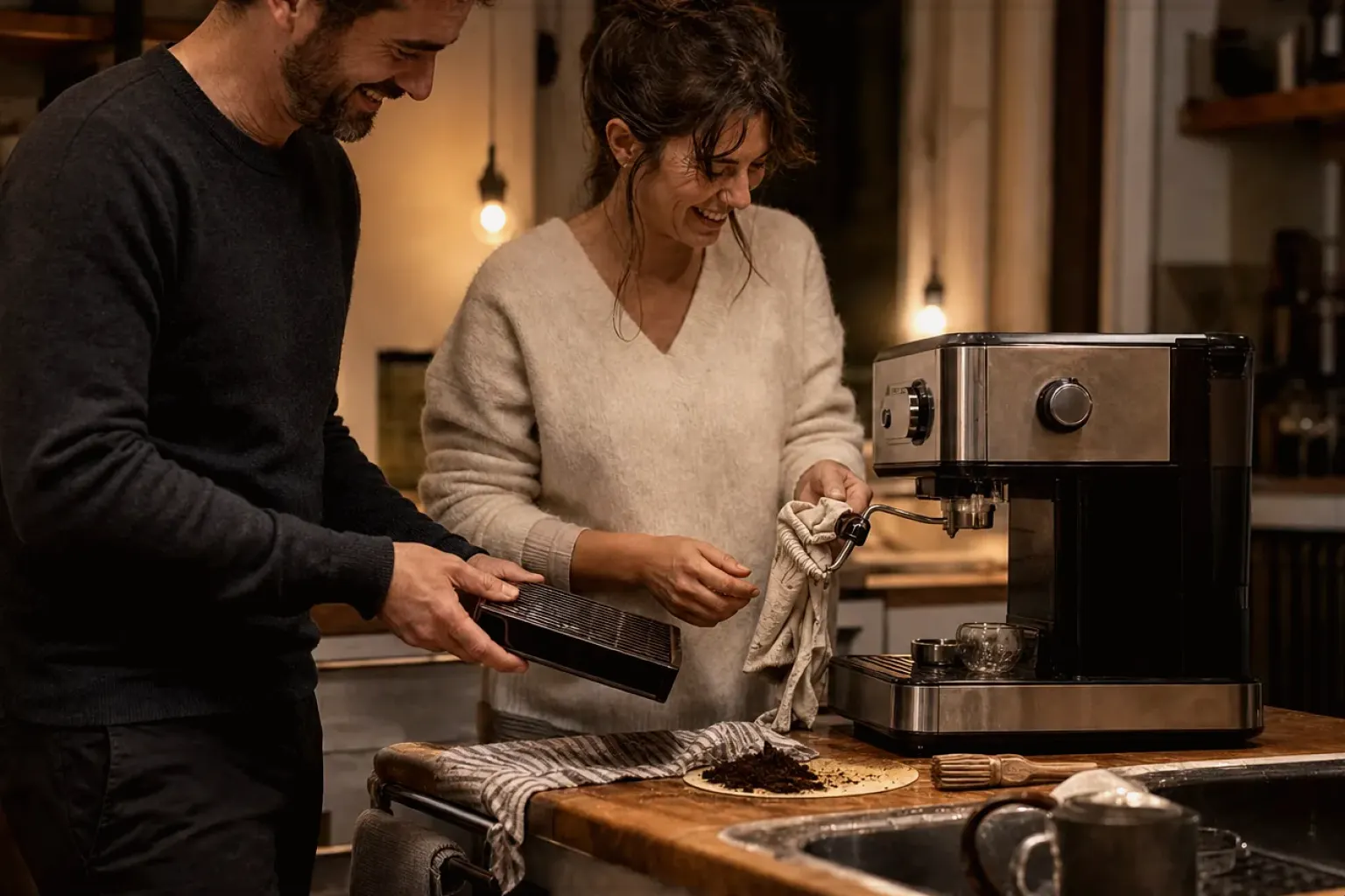 Ein Paar reinigt am Abend gemeinsam und gut gelaunt seine Espressomaschine in der Küche – gezeigt für Thermobecher im Themenvergleich.