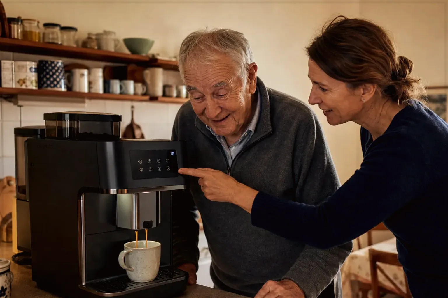 Eine erwachsene Tochter erklärt ihrem älteren Vater in seiner Küche einen Kaffeevollautomaten – gezeigt für Thermobecher im Themenvergleich.