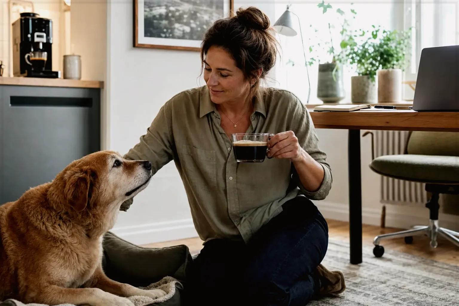 Eine Frau genießt im Homeoffice eine Kaffeepause bei ihrem älteren Hund – gezeigt für Thermobecher im Themenvergleich.