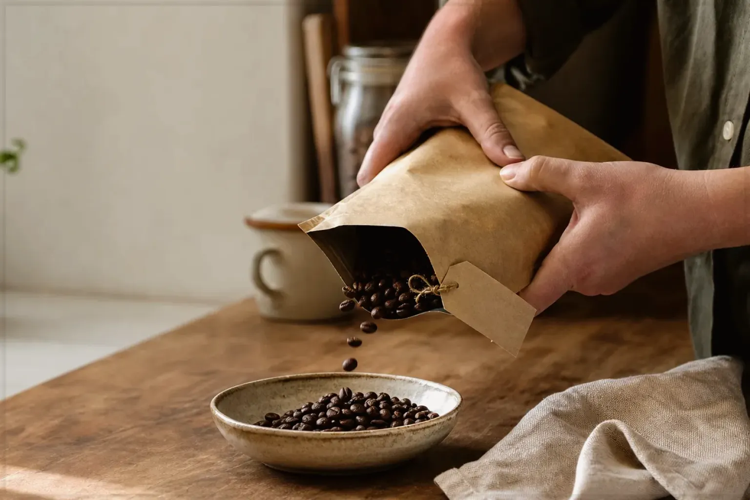 Hände füllen frisch geröstete Kaffeebohnen aus einer Papiertüte in eine Keramikschale – gezeigt für Thermobecher im Themenvergleich.