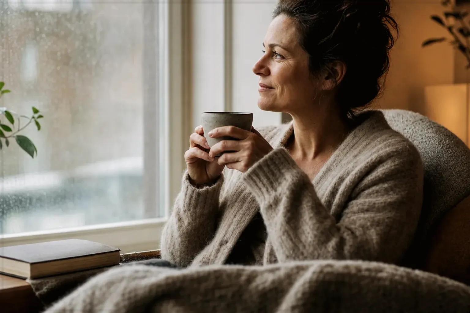 Eine Frau genießt an einem regnerischen Nachmittag ruhig eine Tasse Kaffee am Fenster – gezeigt für Thermobecher im Themenvergleich.