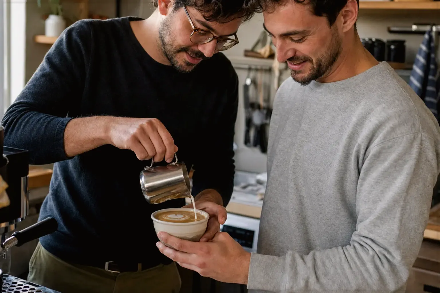Zwei Freunde freuen sich in einer kleinen Küche über ihre gemeinsam gegossene Latte Art – gezeigt für Thermobecher im Themenvergleich.