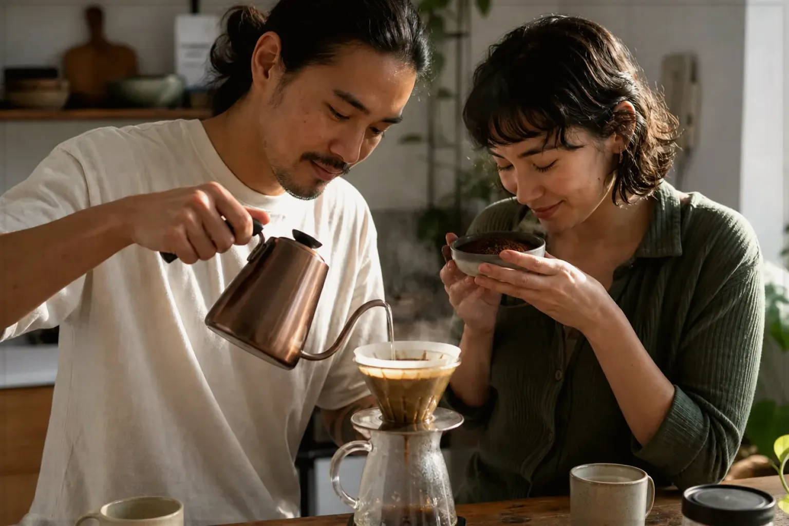 Zwei Menschen bereiten am Wochenende gemeinsam Filterkaffee mit einem Handfilter zu – gezeigt für Thermobecher im Themenvergleich.