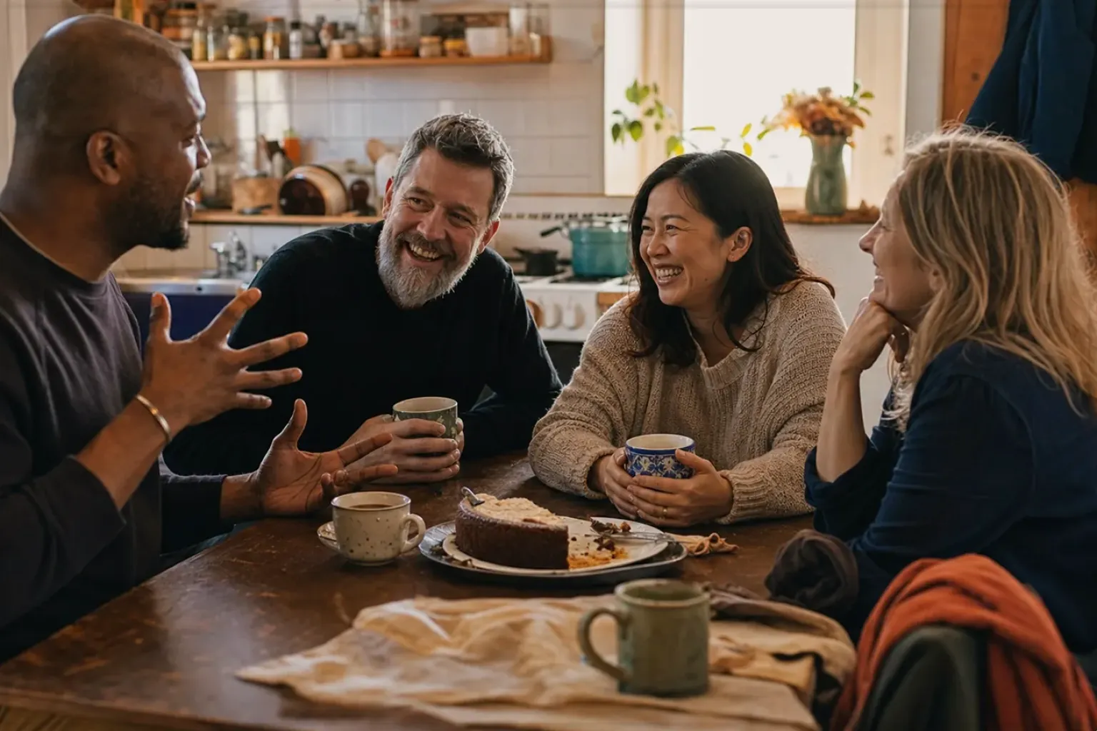 Vier erwachsene Freunde lachen gemeinsam bei Kaffee und selbst gebackenem Kuchen – gezeigt für Thermobecher im Themenvergleich.