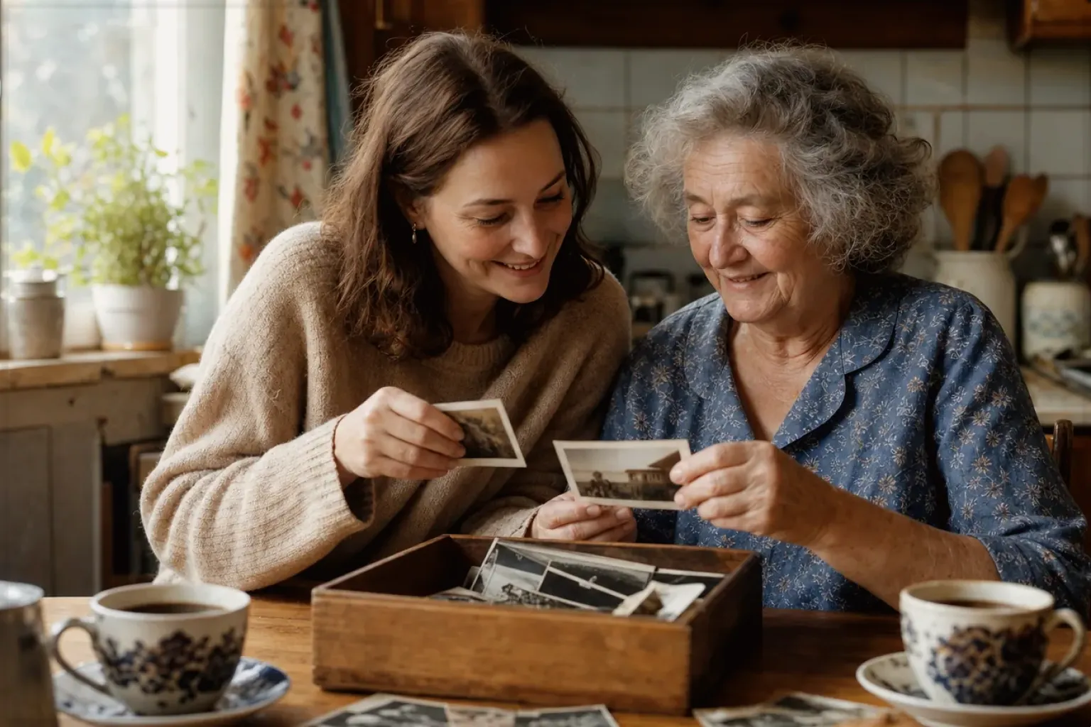 Eine ältere Frau und ihre erwachsene Enkelin betrachten bei Kaffee gemeinsam alte Familienfotos – gezeigt für Thermobecher im Themenvergleich.