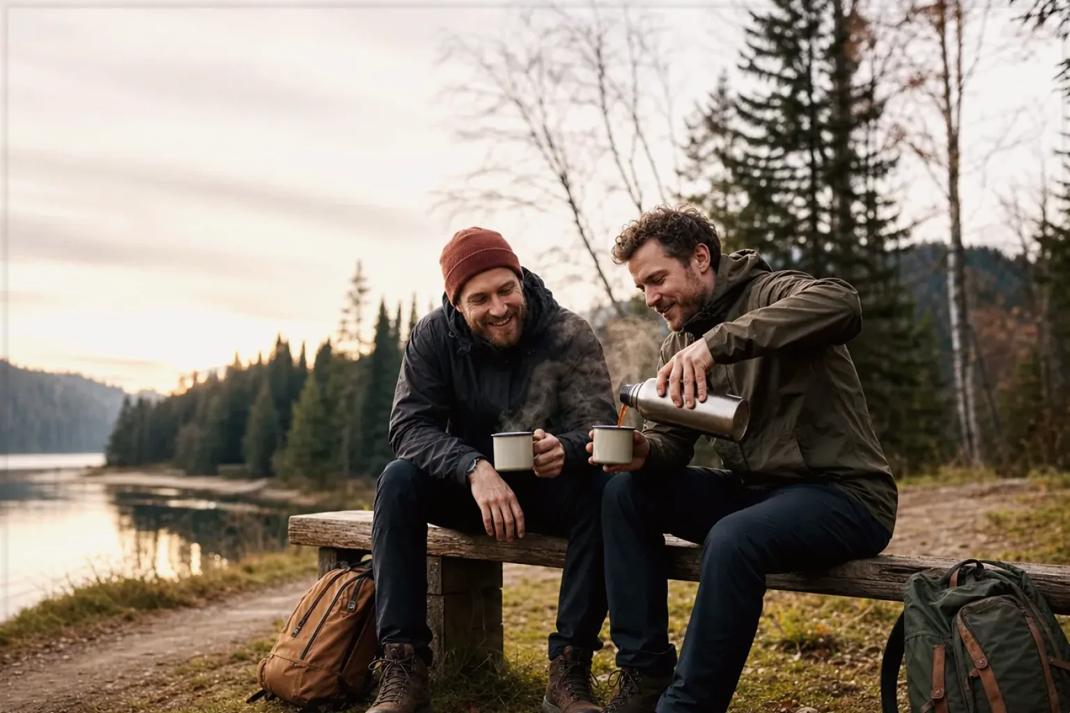 Zwei Freunde teilen auf einer Wanderung heißen Kaffee aus einer Thermoskanne am See – gezeigt für Thermobecher im Themenvergleich.