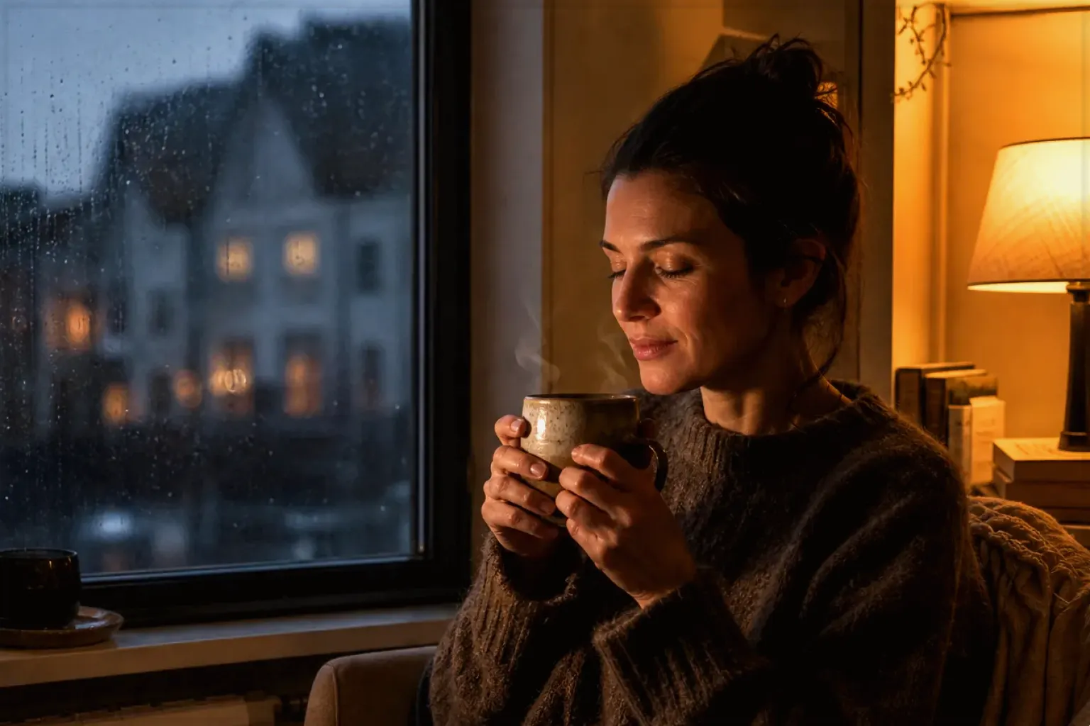 Eine Frau genießt an einem regnerischen Abend ruhig eine warme Tasse Kaffee am Fenster – gezeigt für Thermobecher im Themenvergleich.