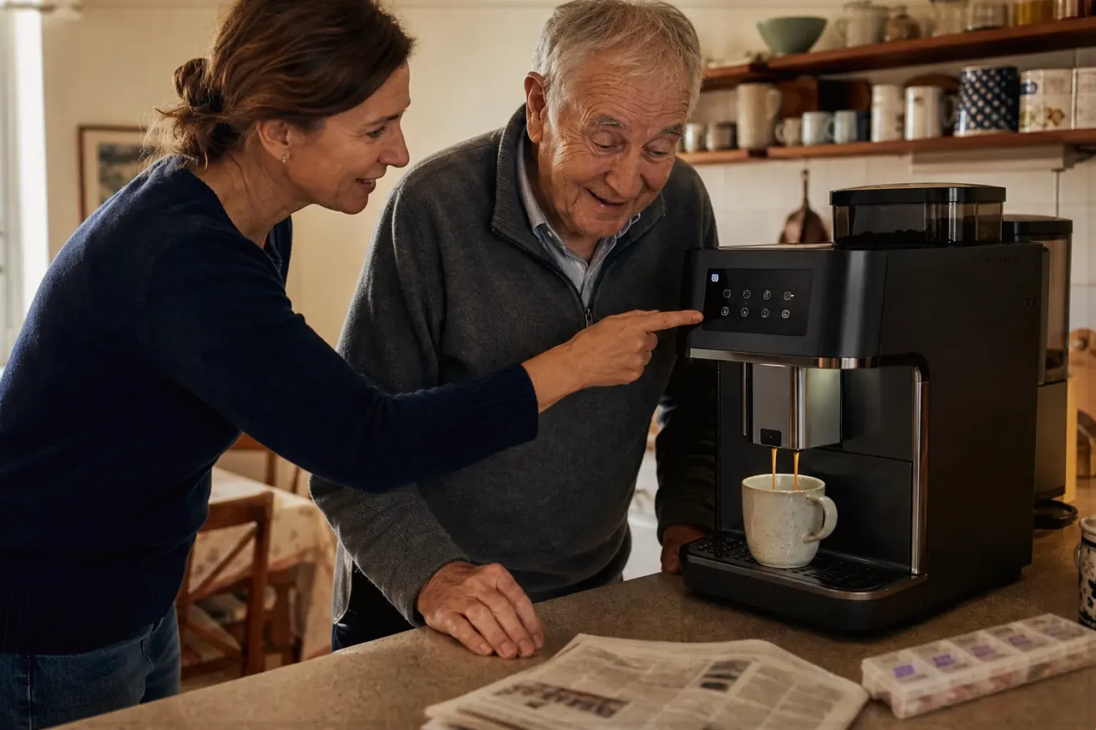 Eine erwachsene Tochter erklärt ihrem Vater verständlich die Bedienung eines Kaffeevollautomaten.