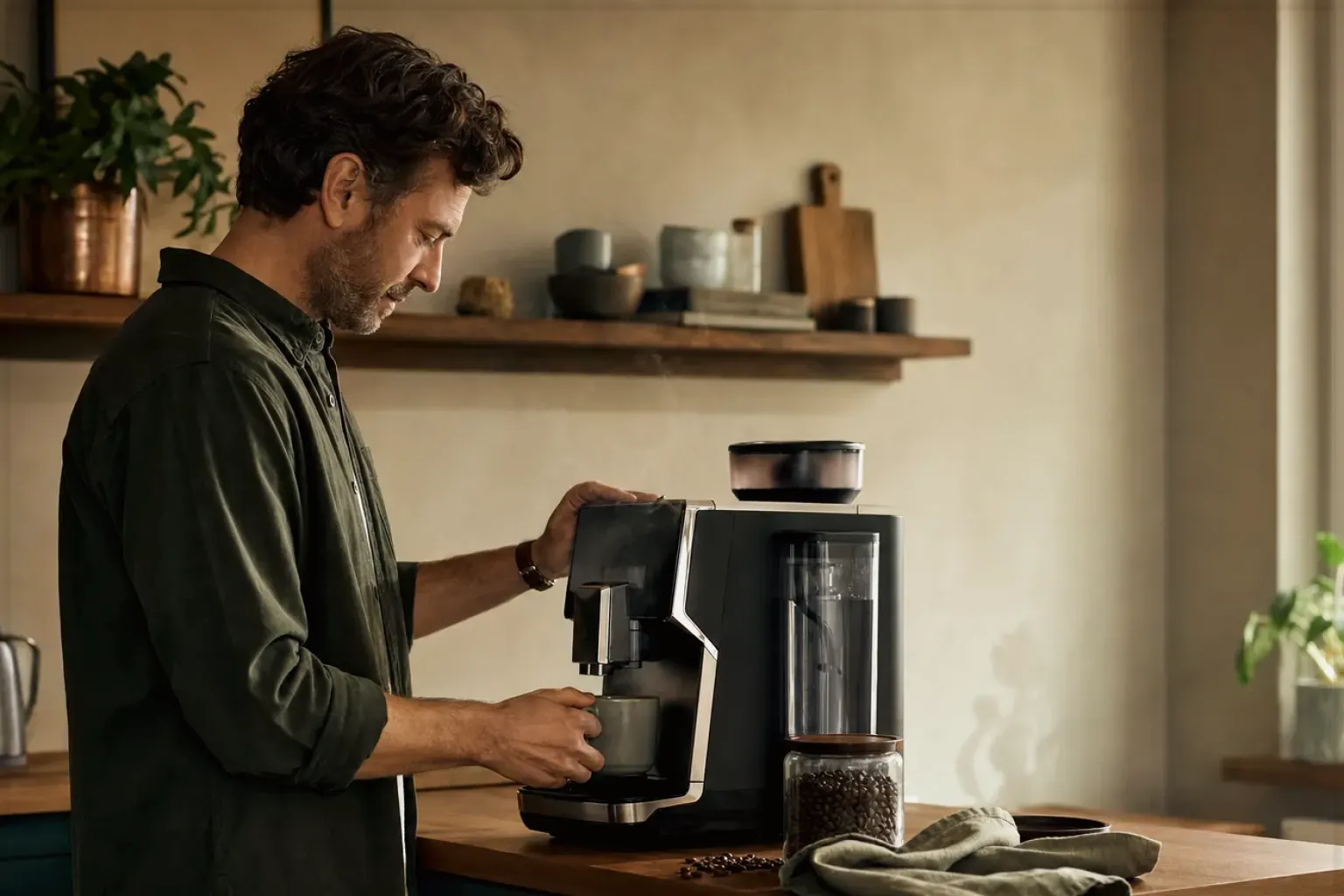 Ein Mann bereitet morgens Kaffee an einem Vollautomaten in seiner Küche zu – gezeigt für Zubehör im Themenvergleich.