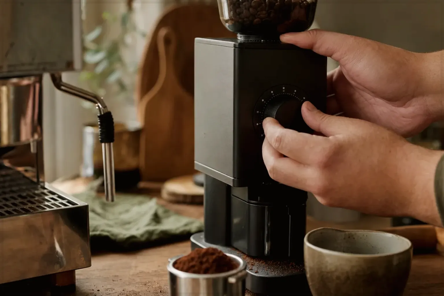 Zwei Hände stellen den Mahlgrad an einer Kaffeemühle neben einer Espressomaschine ein – gezeigt für Zubehör im Themenvergleich.