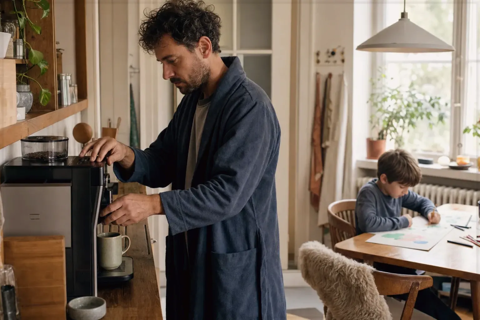Ein Vater bereitet morgens Kaffee am Vollautomaten zu, während sein Kind am Küchentisch malt – gezeigt für Zubehör im Themenvergleich.