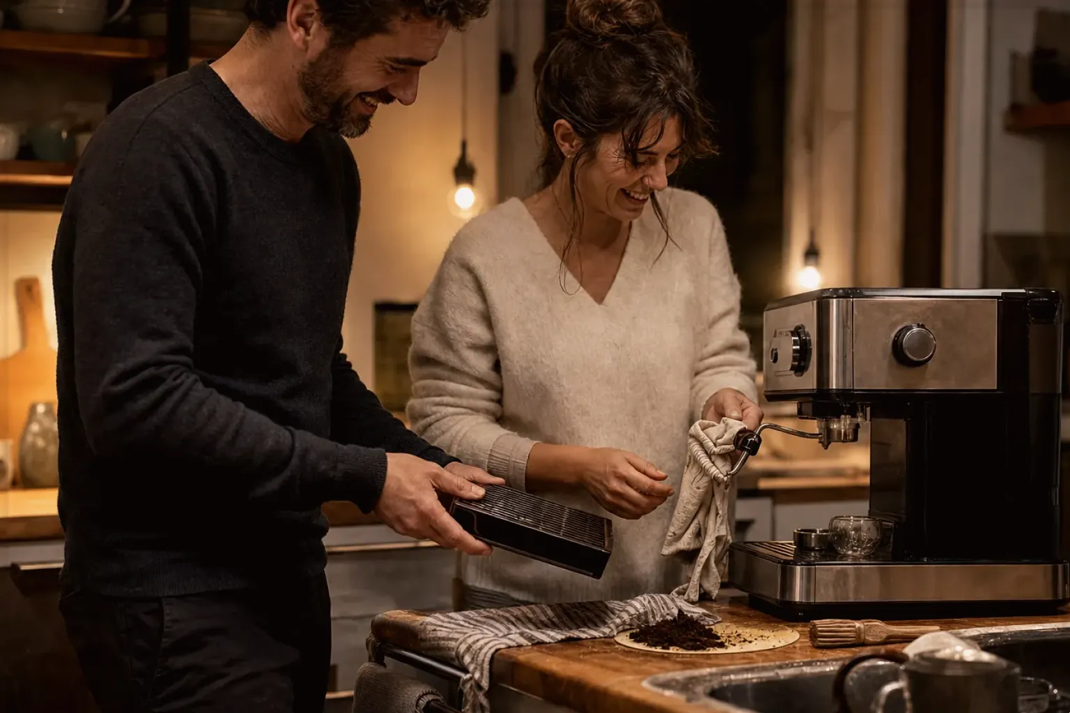 Ein Paar reinigt am Abend gemeinsam und gut gelaunt seine Espressomaschine in der Küche – gezeigt für Zubehör im Themenvergleich.