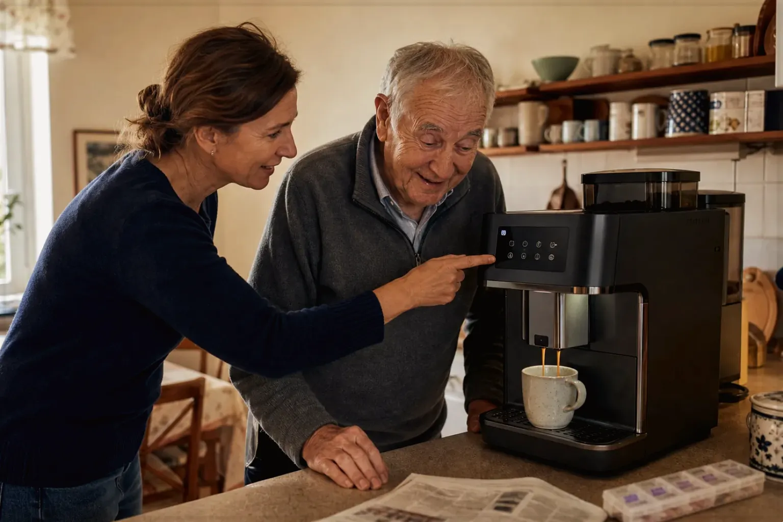 Eine erwachsene Tochter erklärt ihrem älteren Vater in seiner Küche einen Kaffeevollautomaten – gezeigt für Zubehör im Themenvergleich.