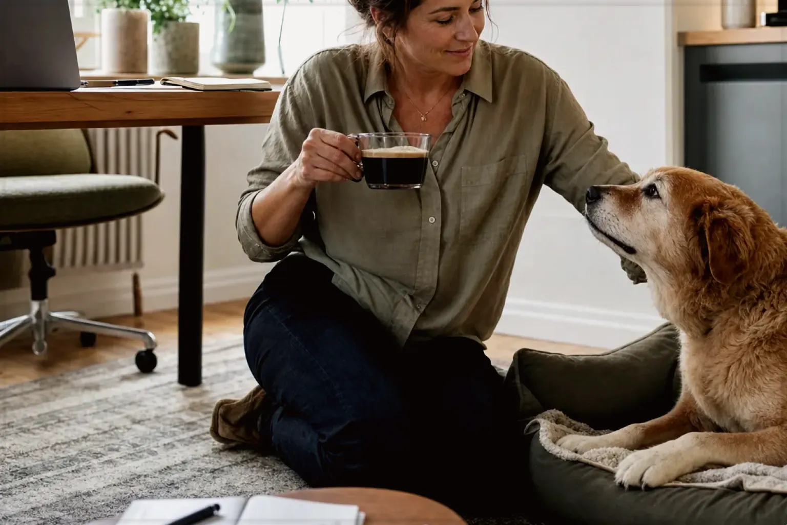 Eine Frau genießt im Homeoffice eine Kaffeepause bei ihrem älteren Hund – gezeigt für Zubehör im Themenvergleich.