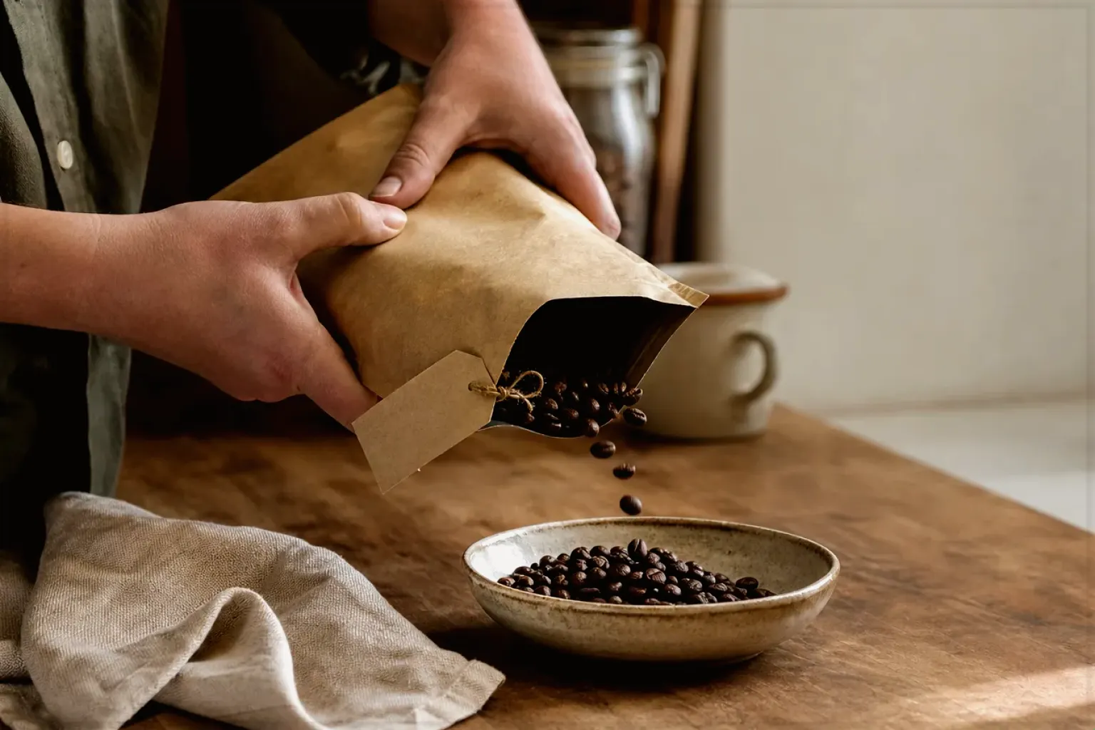 Hände füllen frisch geröstete Kaffeebohnen aus einer Papiertüte in eine Keramikschale – gezeigt für Zubehör im Themenvergleich.