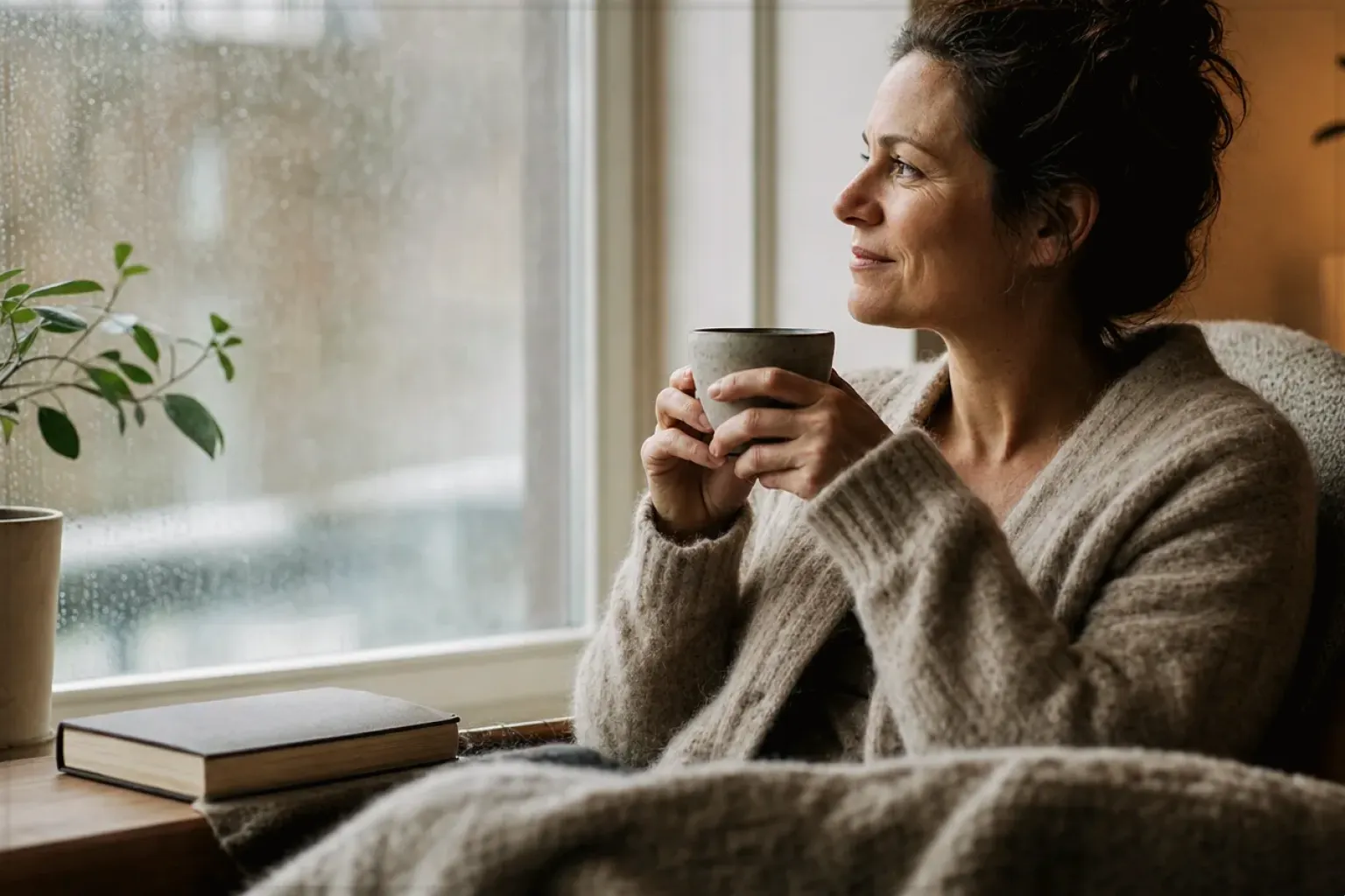 Eine Frau genießt an einem regnerischen Nachmittag ruhig eine Tasse Kaffee am Fenster – gezeigt für Zubehör im Themenvergleich.