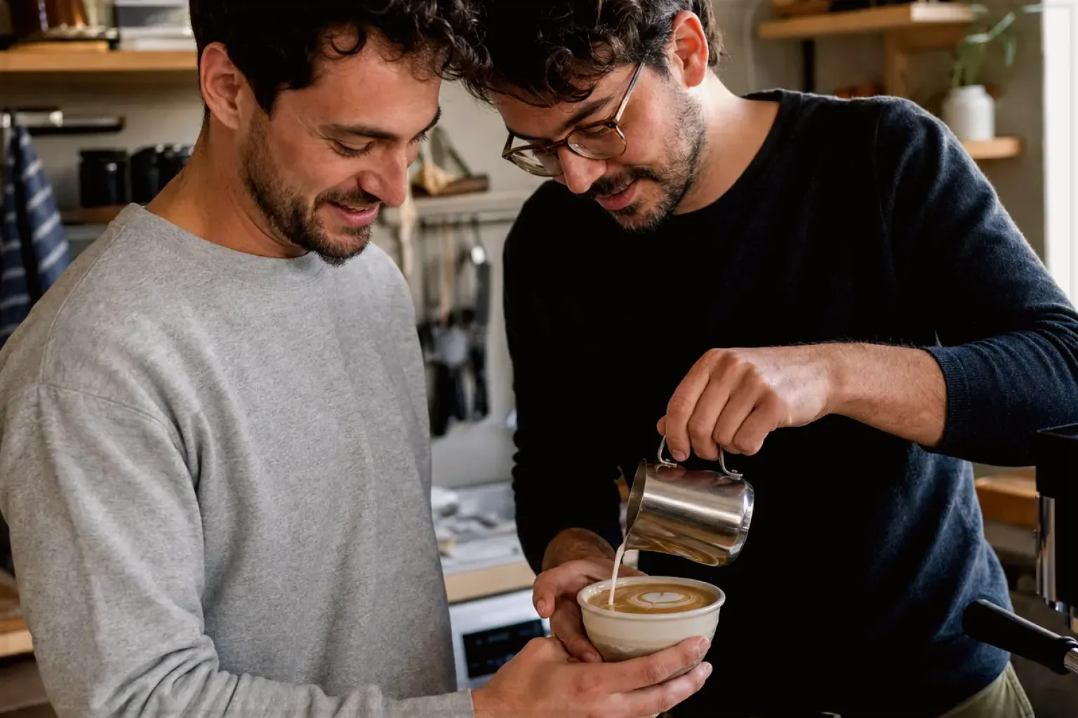 Zwei Freunde freuen sich in einer kleinen Küche über ihre gemeinsam gegossene Latte Art – gezeigt für Zubehör im Themenvergleich.