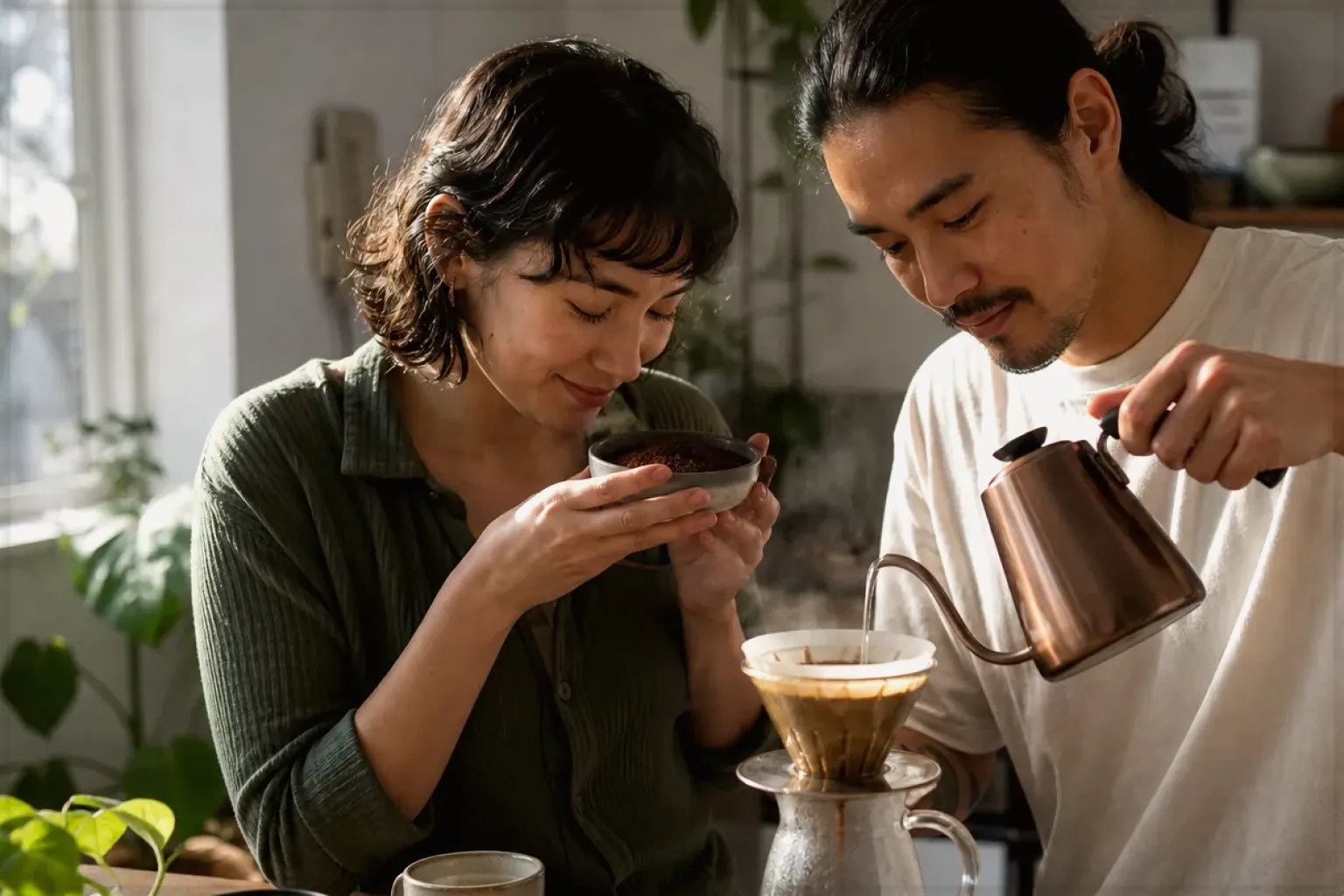 Zwei Menschen bereiten am Wochenende gemeinsam Filterkaffee mit einem Handfilter zu – gezeigt für Zubehör im Themenvergleich.