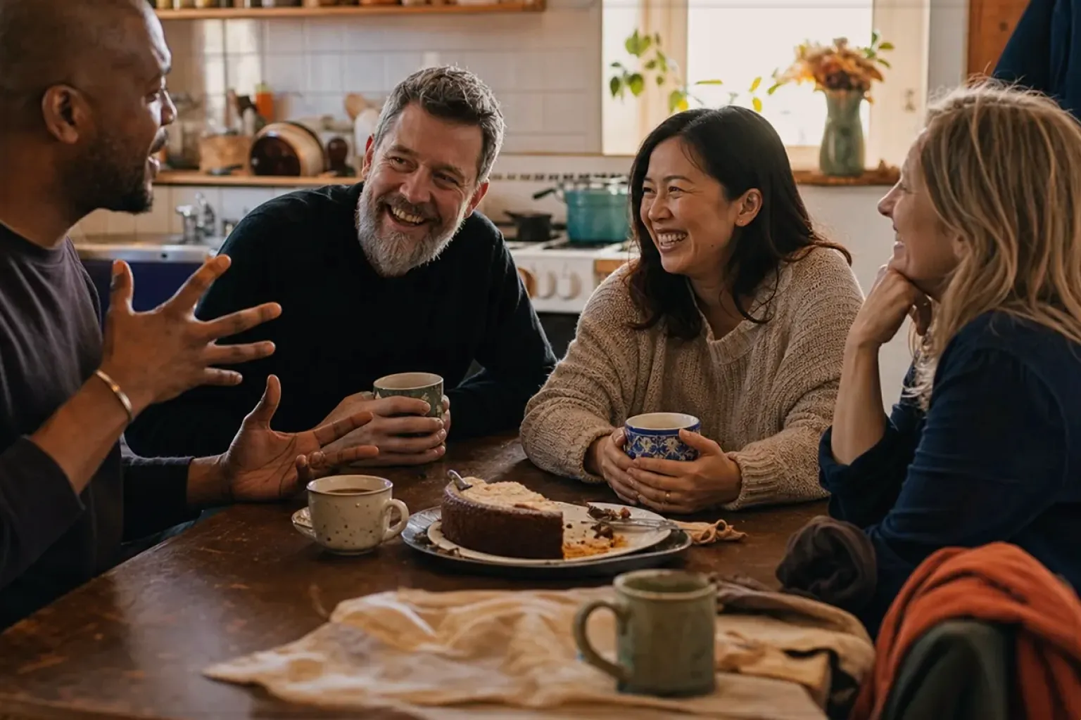 Vier erwachsene Freunde lachen gemeinsam bei Kaffee und selbst gebackenem Kuchen – gezeigt für Zubehör im Themenvergleich.