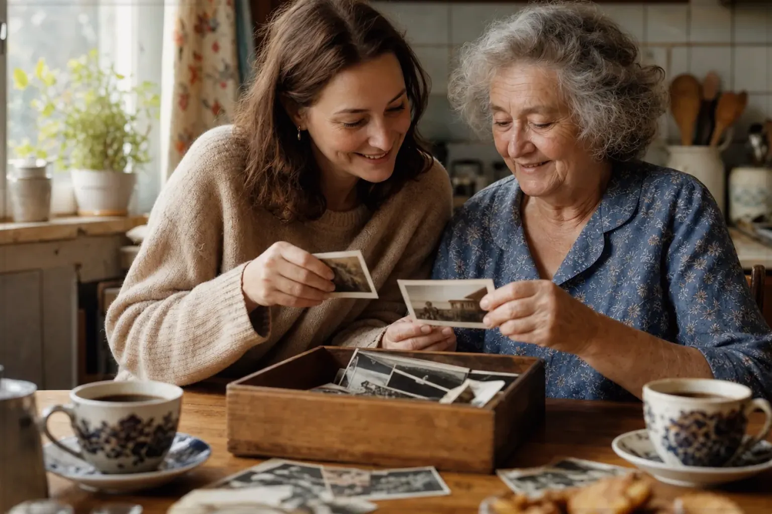 Eine ältere Frau und ihre erwachsene Enkelin betrachten bei Kaffee gemeinsam alte Familienfotos – gezeigt für Zubehör im Themenvergleich.