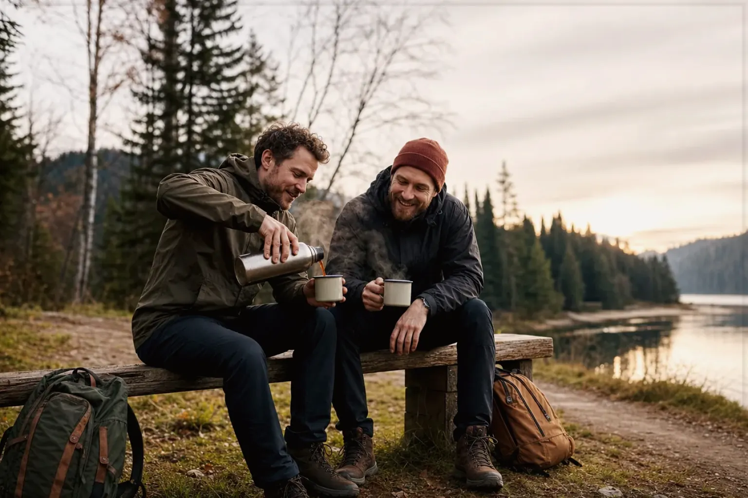 Zwei Freunde teilen auf einer Wanderung heißen Kaffee aus einer Thermoskanne am See – gezeigt für Zubehör im Themenvergleich.
