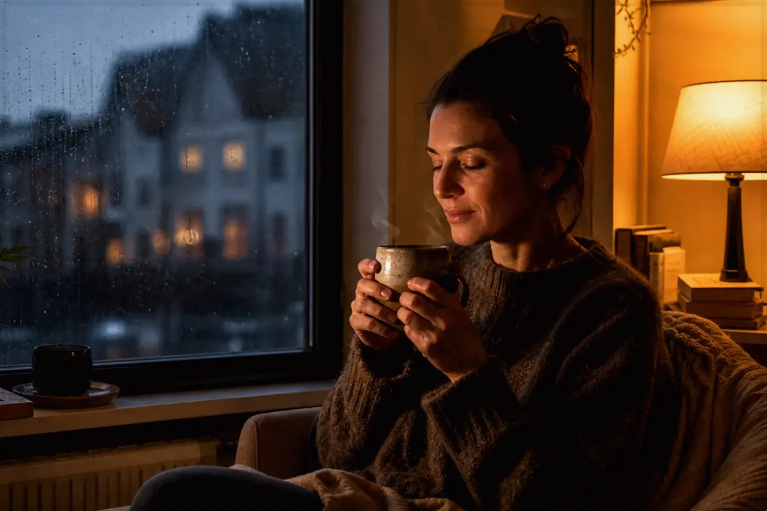 Eine Frau genießt an einem regnerischen Abend ruhig eine warme Tasse Kaffee am Fenster – gezeigt für Zubehör im Themenvergleich.