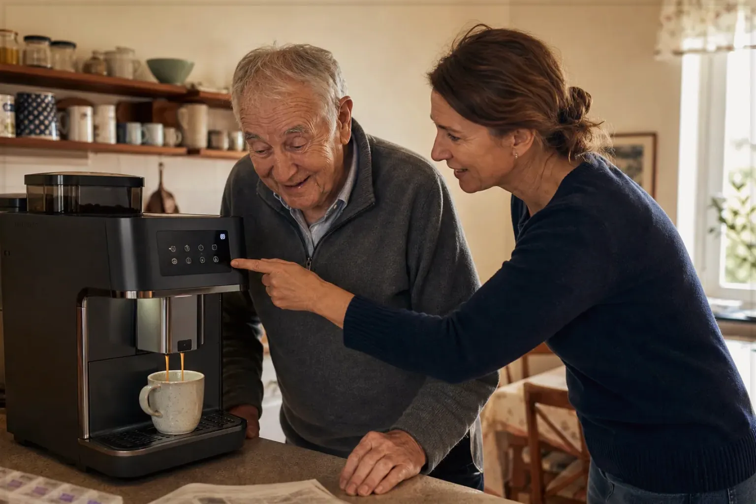 Eine erwachsene Tochter erklärt ihrem Vater verständlich die Bedienung eines Kaffeevollautomaten.