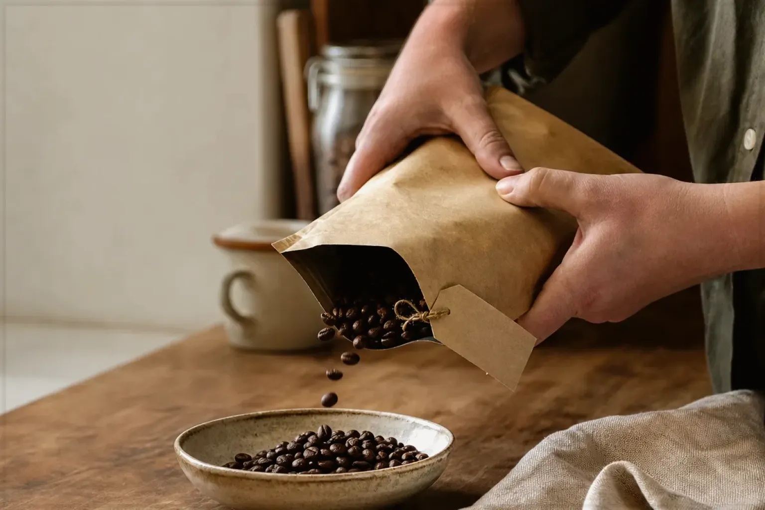 Hände füllen frisch geröstete Kaffeebohnen aus einer Papiertüte in eine Keramikschale – gezeigt für Zubereitung im Themenvergleich.
