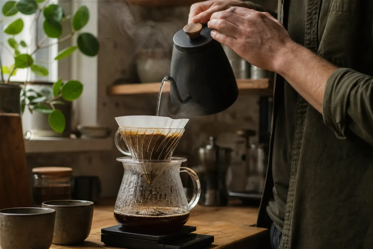 Filterkaffee wird mit einem Schwanenhalskessel von Hand in einer Küche aufgegossen – gezeigt für Zubereitung im Themenvergleich.