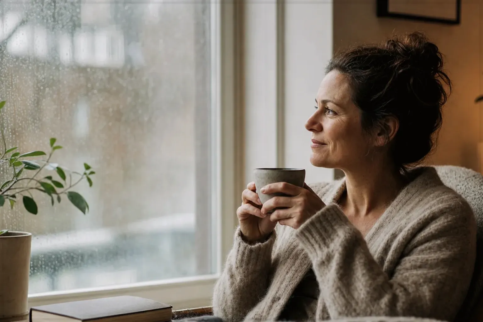 Eine Frau genießt an einem regnerischen Nachmittag ruhig eine Tasse Kaffee am Fenster – gezeigt für Zubereitung im Themenvergleich.