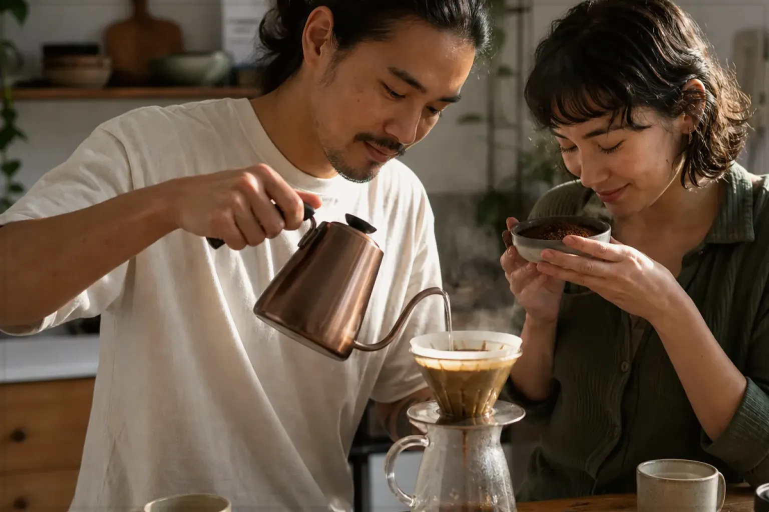 Zwei Menschen bereiten am Wochenende gemeinsam Filterkaffee mit einem Handfilter zu – gezeigt für Zubereitung im Themenvergleich.