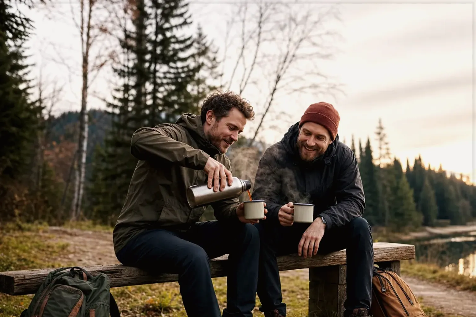 Zwei Freunde teilen auf einer Wanderung heißen Kaffee aus einer Thermoskanne am See – gezeigt für Zubereitung im Themenvergleich.