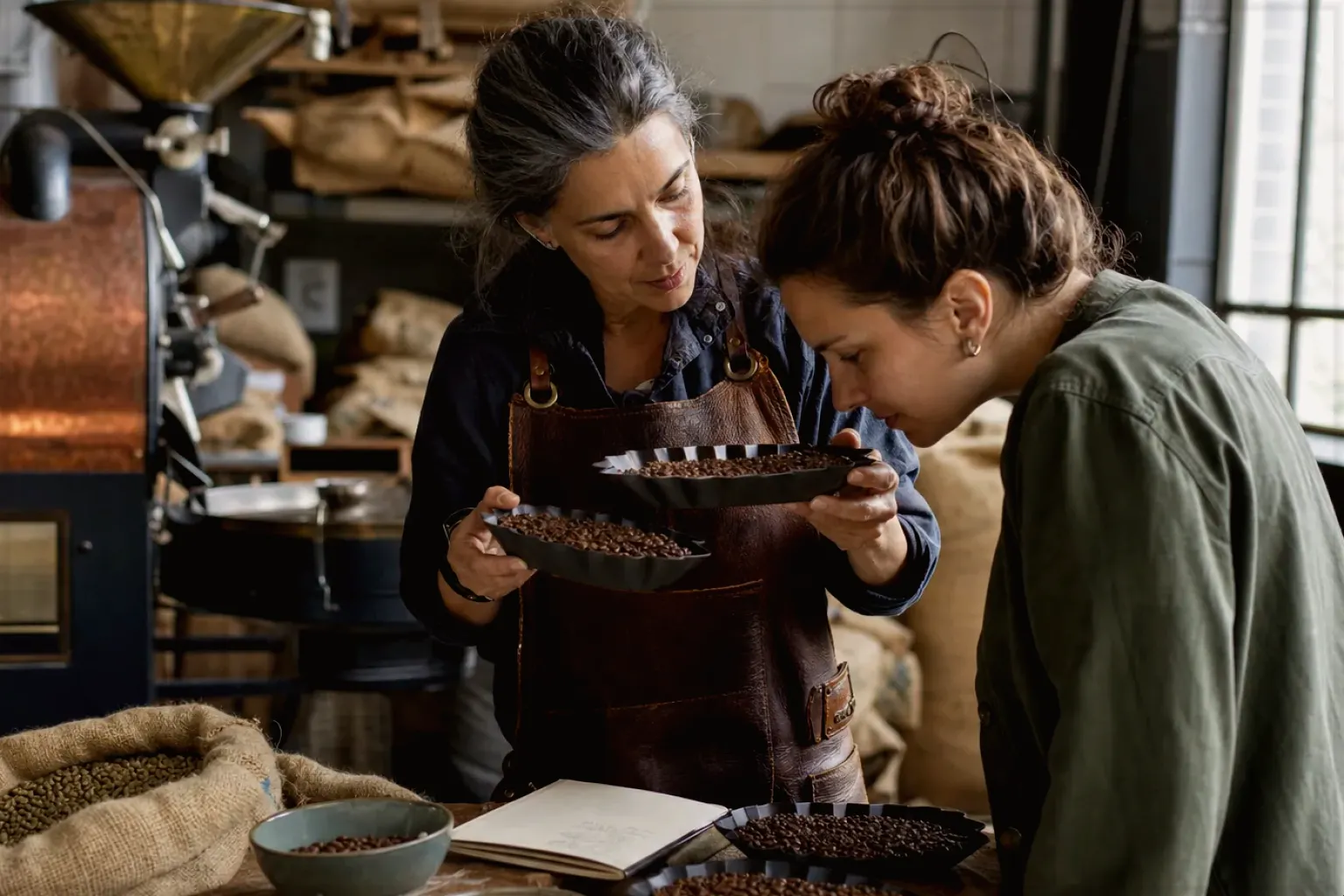 Eine Kaffeerösterin lässt eine Kundin in einer kleinen Rösterei verschiedene frisch geröstete Bohnen riechen – gezeigt für Zubereitung im Themenvergleich.