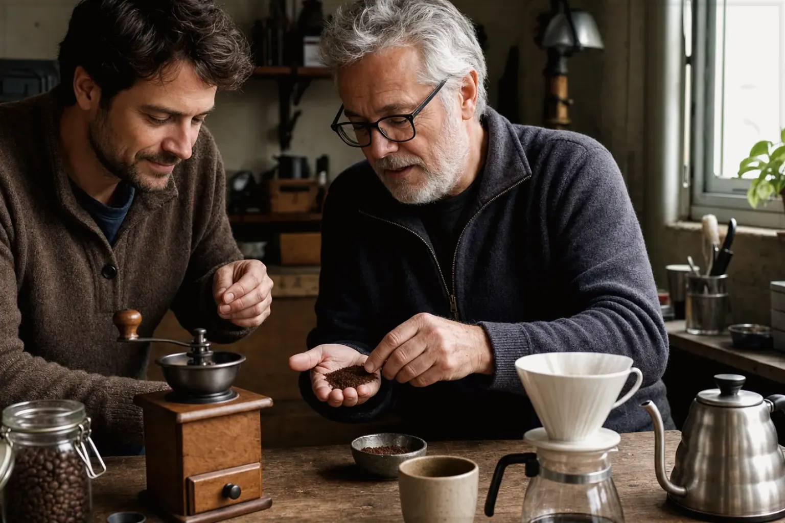 Ein älterer Kaffeeliebhaber zeigt einem jüngeren Erwachsenen gemahlenen Kaffee neben Handmühle und Filter – gezeigt für Zubereitung im Themenvergleich.