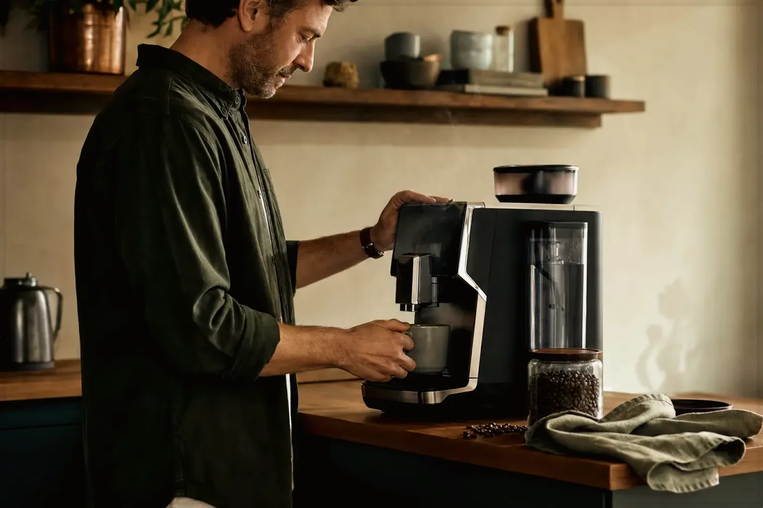 Ein Mann bereitet morgens Kaffee in seiner Küche zu – gezeigt für Zubereitung im Themenvergleich.