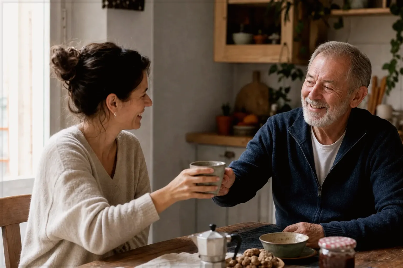 Eine erwachsene Tochter und ihr älterer Vater lachen gemeinsam beim Kaffee in ihrer Küche – gezeigt für Zubereitung im Themenvergleich.