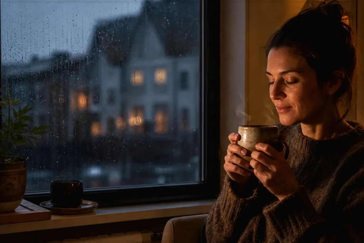 Eine Frau genießt an einem regnerischen Abend ruhig eine warme Tasse Kaffee am Fenster – gezeigt für Zubereitung im Themenvergleich.
