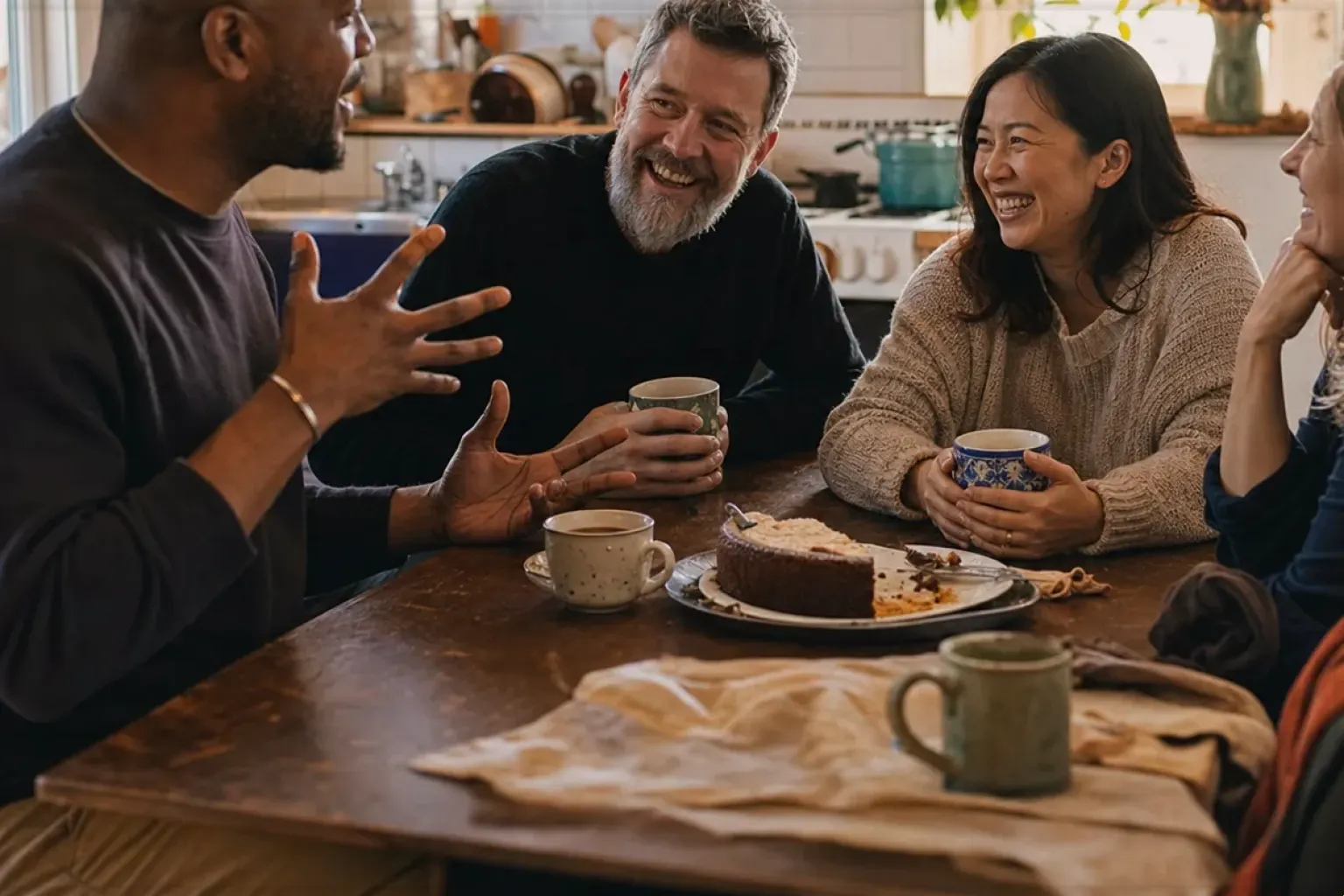 Vier erwachsene Freunde lachen gemeinsam bei Kaffee und selbst gebackenem Kuchen – gezeigt für Zubereitung im Themenvergleich.