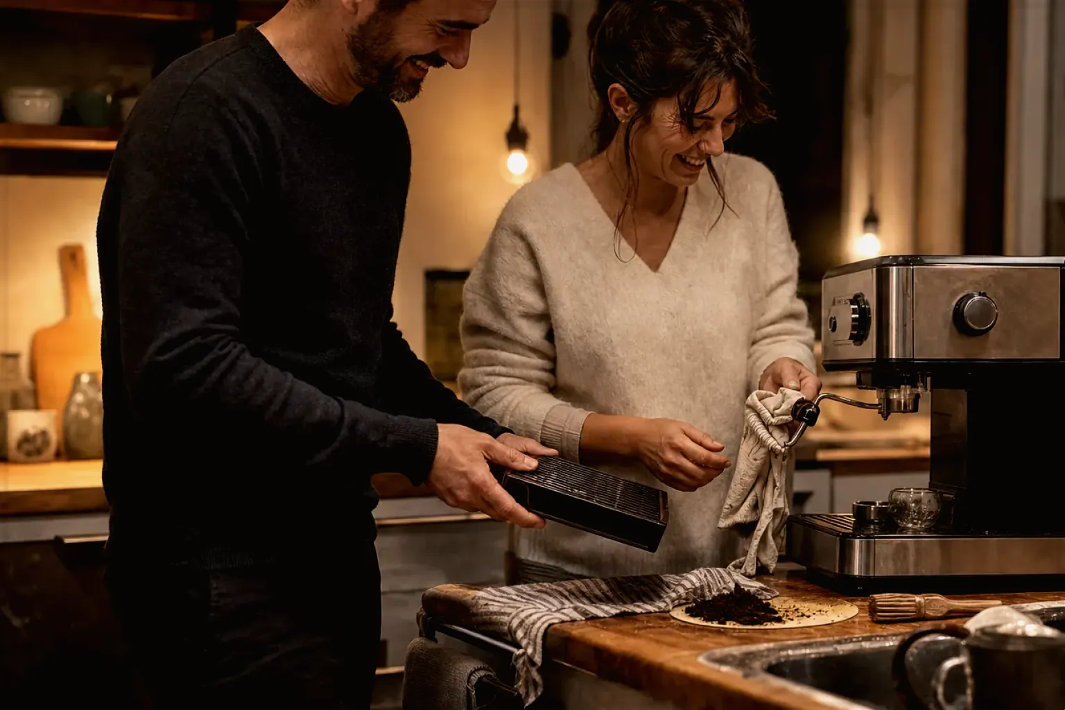 Ein Paar reinigt am Abend gemeinsam und gut gelaunt seine Espressomaschine in der Küche – gezeigt für Zubereitung im Themenvergleich.