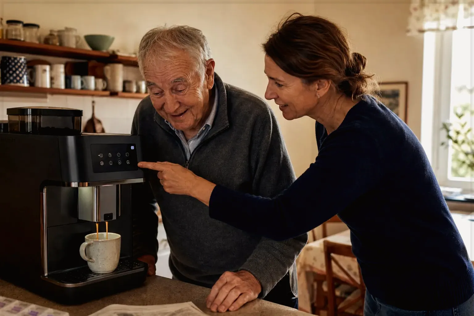 Eine erwachsene Tochter erklärt ihrem Vater verständlich die Bedienung eines Kaffeevollautomaten.