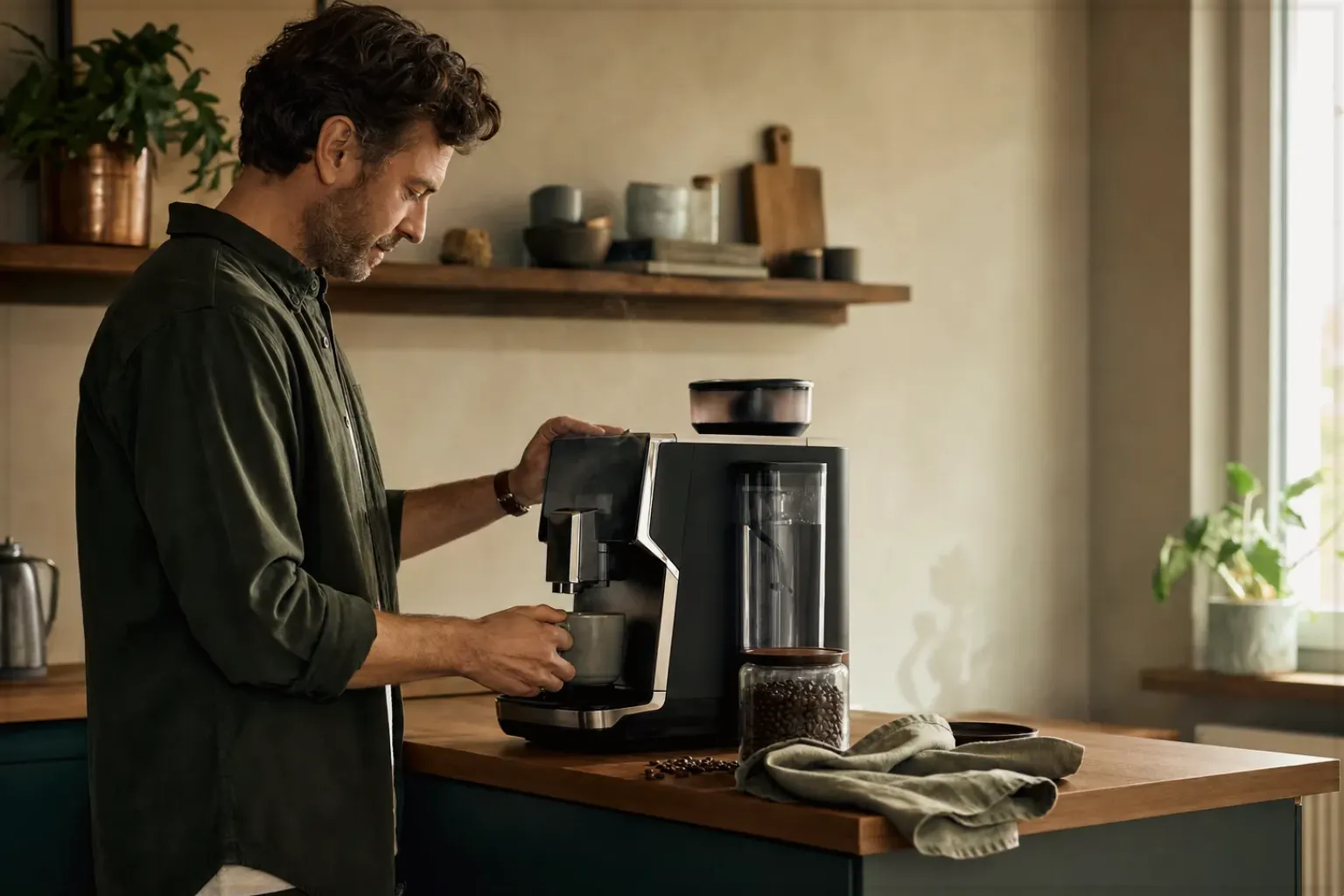 Ein Mann bereitet morgens Kaffee an einem Vollautomaten in seiner Küche zu – gezeigt für Produkte im direkten Vergleich im Orientierungsbereich.