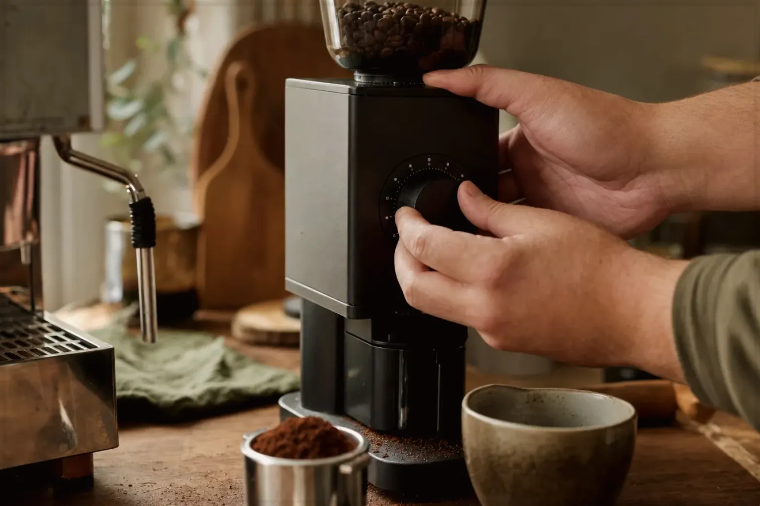 Zwei Hände stellen den Mahlgrad an einer Kaffeemühle neben einer Espressomaschine ein – gezeigt für Produkte im direkten Vergleich im Orientierungsbereich.