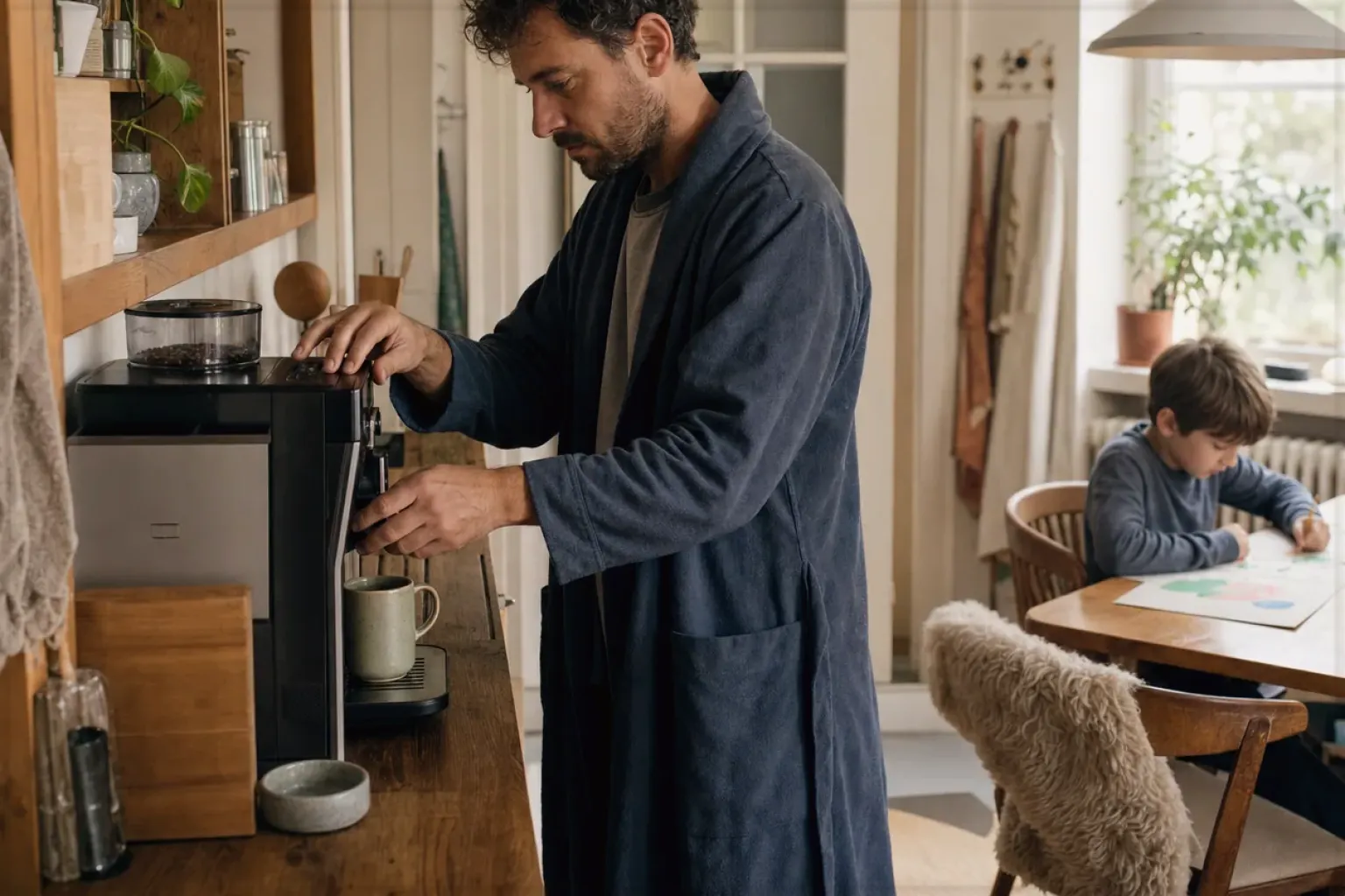 Ein Vater bereitet morgens Kaffee am Vollautomaten zu, während sein Kind am Küchentisch malt – gezeigt für Produkte im direkten Vergleich im Orientierungsbereich.