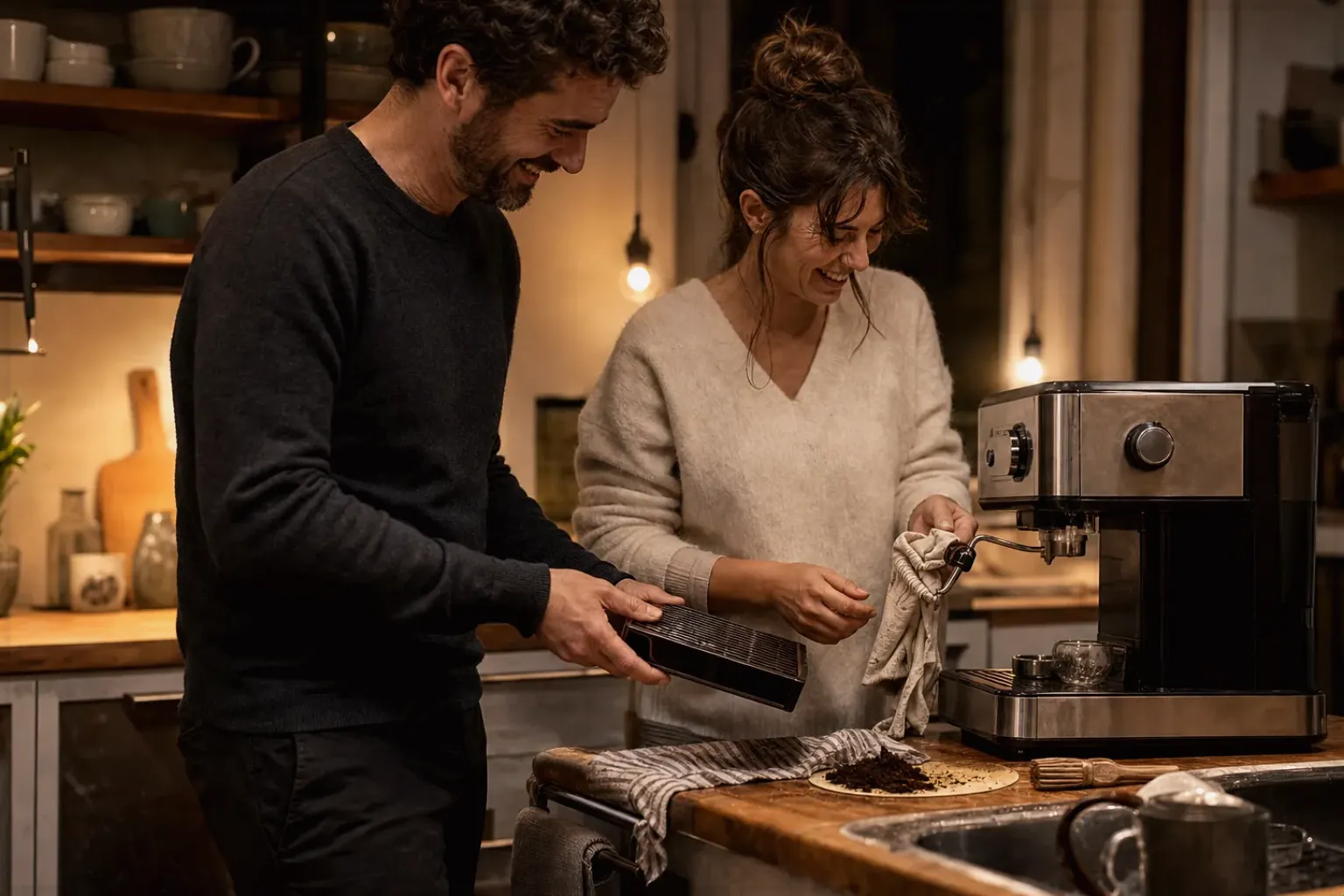 Ein Paar reinigt am Abend gemeinsam und gut gelaunt seine Espressomaschine in der Küche – gezeigt für Produkte im direkten Vergleich im Orientierungsbereich.