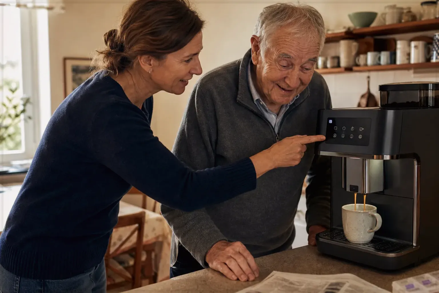 Eine erwachsene Tochter erklärt ihrem älteren Vater in seiner Küche einen Kaffeevollautomaten – gezeigt für Produkte im direkten Vergleich im Orientierungsbereich.